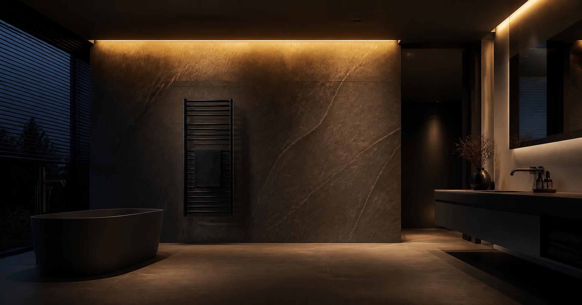 Detalhe de toalheiro aquecido Aquece em ambiente com iluminação natural.